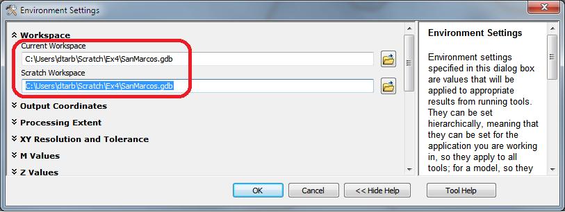 Then expand Workspace and set the Current and Scratch Workspace to the geodatabase where you are working. Click OK.