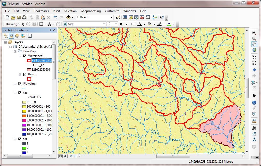 Use the identify tool to determine the value of "fac" at the point where the main stream enters and exits the area defined by this most downstream subwatershed.