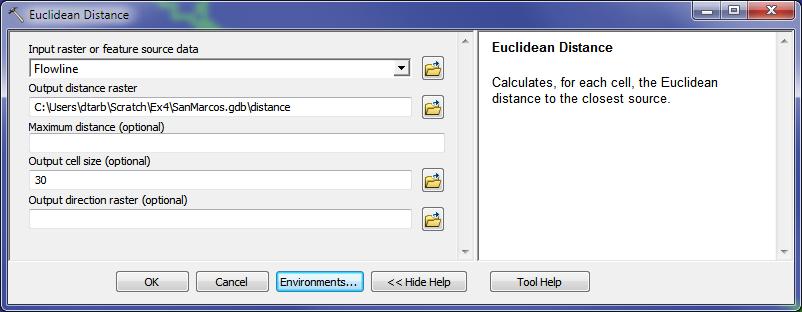 replaced by 0's. 3. Distance to streams Search on distance and open the Euclidean Distance tool.