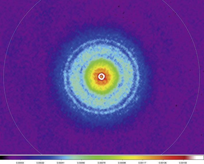 5 SPHERE x r 2 1 au 10 au 100 au On the other hand, the spiral arms visible in the PDI image of are not detected by ALMA (van der Marel et al.