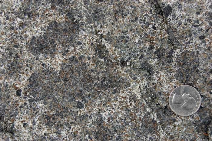 Gabbro In Figure 5 groups of large pyroxene crystals are clumped together in a finer ground mass of light feldspar in a texture geologists refer to as glomeroporphyritic. Olivine is light brown.