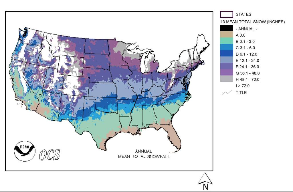 National Annual Average Snowfall Considering our Latitude (40 N) Colorado