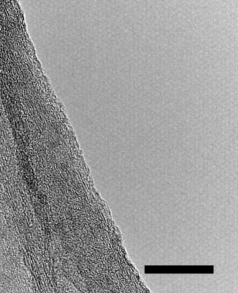 High resolution transmission electron microscopy image of a FRGO Fig. S3. HRTEM image of a FRGO nanofiber. Scale bar: 10 nm.