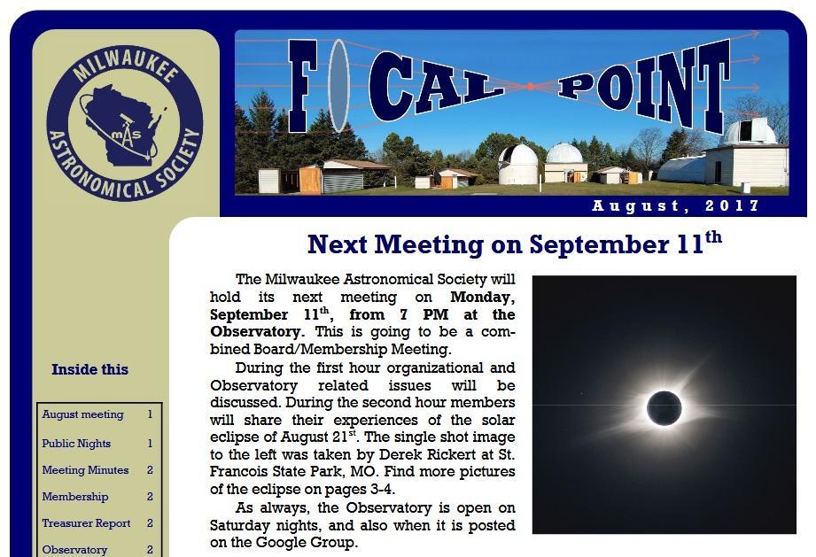 Focal Point The Focal Point is the newsletter of the Milwaukee Astronomical Society. It dates back to 1983.