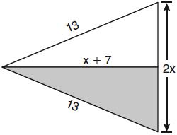 7. The diagram below shows a pennant in the shape of an isosceles triangle. The equal sides each measure 13, the altitude is, and the base is 2x. 8.