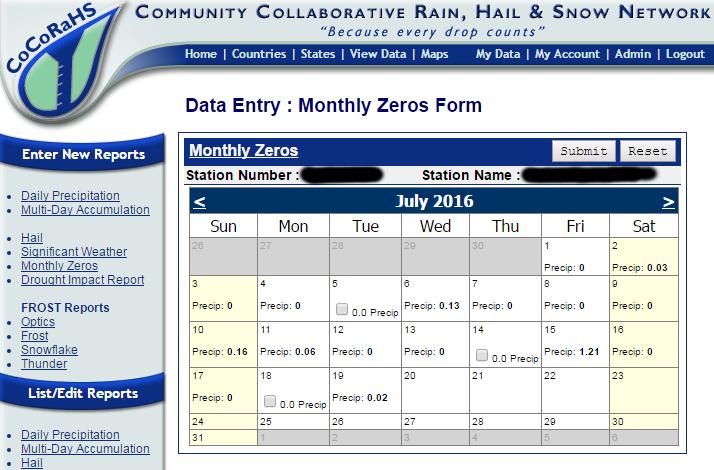 The good news is there is a quick and easy way to fill in those missing zeroes. When you login to your CoCoRaHS account, on the left side, click on Monthly Zeros. A monthly calendar appears.