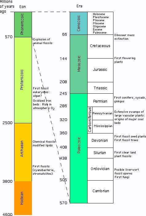 Geological stratigraphy, together with radioactive dating, show the sequence of events in the history of the Earth.