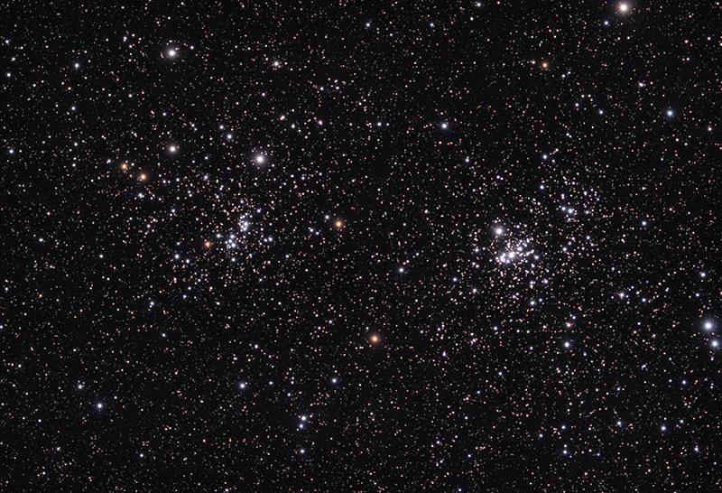 Double Cluster The "Double Cluster" (NGC 884 and NGC 869) is a pair of two open star clusters that are a treat for binoculars and telescopes alike.