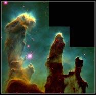 The Eagle Nebula The Eagle Nebula consists of clouds of molecular hydrogen and dust that have survived the UV radiation from nearby hot stars As the pillars are eroded by the UV light, small globules