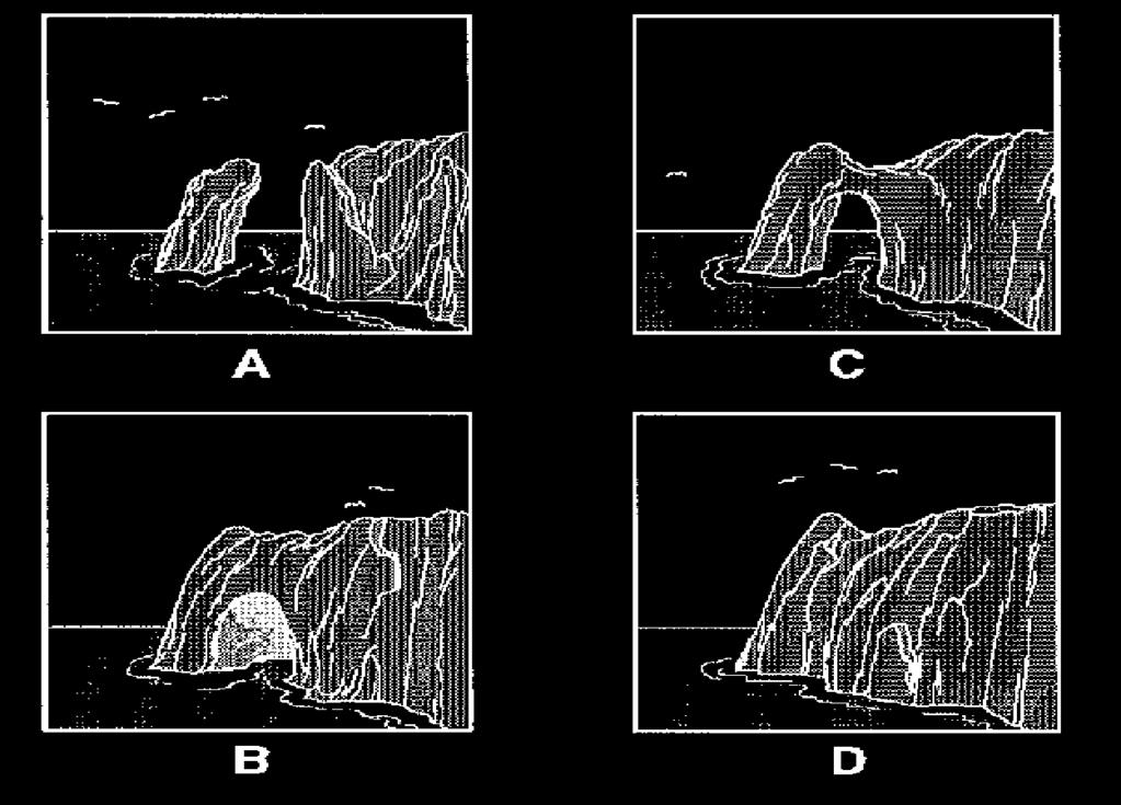 23. Wave action against solid rock can cause changes in the rock structure. Which sequence of pictures shows the stages of erosion? Top of arch collapses Formation of an arch.,,,.