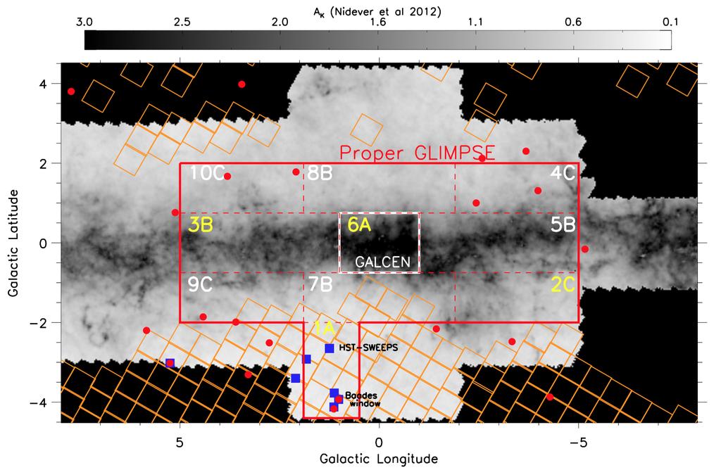Figure 3. A view of our approved proper motion survey area superimposed on a two-dimensional dust extinction map generated using GLIMPSE data (Nidever et al 2012).