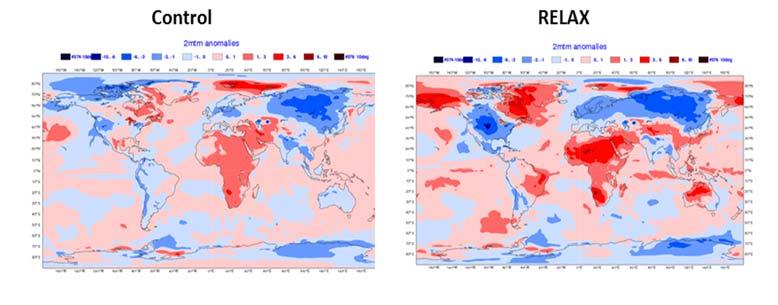 Figure 9: 2 metre temperature anomalies averaged over the period 7 March 203 from the control experiment starting on 4 February 203 (top left), the experiment with the tropics relaxed towards