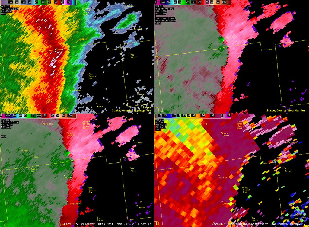 Figure 16. KCCX 0.5 degree radar at 2009 UTC 1 May showing base reflectivity, SRM, V, and CC. The yellow arrow in the SRM panels shows the mesocyclone.