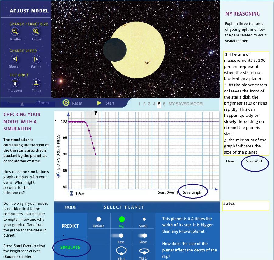 Stage 5 Simulation Mode Students can click on SIMULATE to see the graph respond accurately as they change the size, speed or tilt of the model exoplanet.