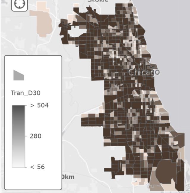 >500 >500 250 250 < 50 < 50 Figure 8: Cumulative accessibility within 30 minutes by walk (left) and public transit (right) 8.