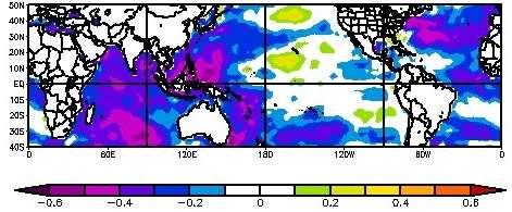 Figure 3. The correlation between the annual numbers of TC and SST (Image provided by the NOAA/ESRL PSD, Boulder Colorado from the Web site at http://www.esrl.noaa.gov/psd/).