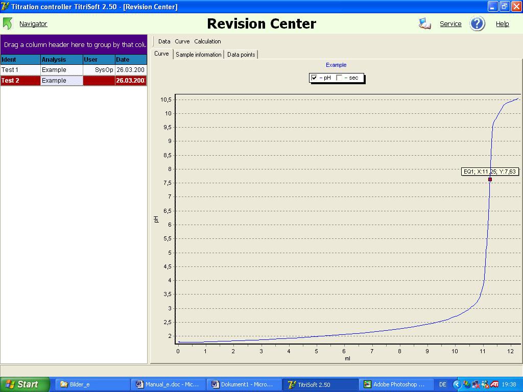 After a titration all results and the titration curve are stored in the data base. The access to the data base is possible in the Revision Center.