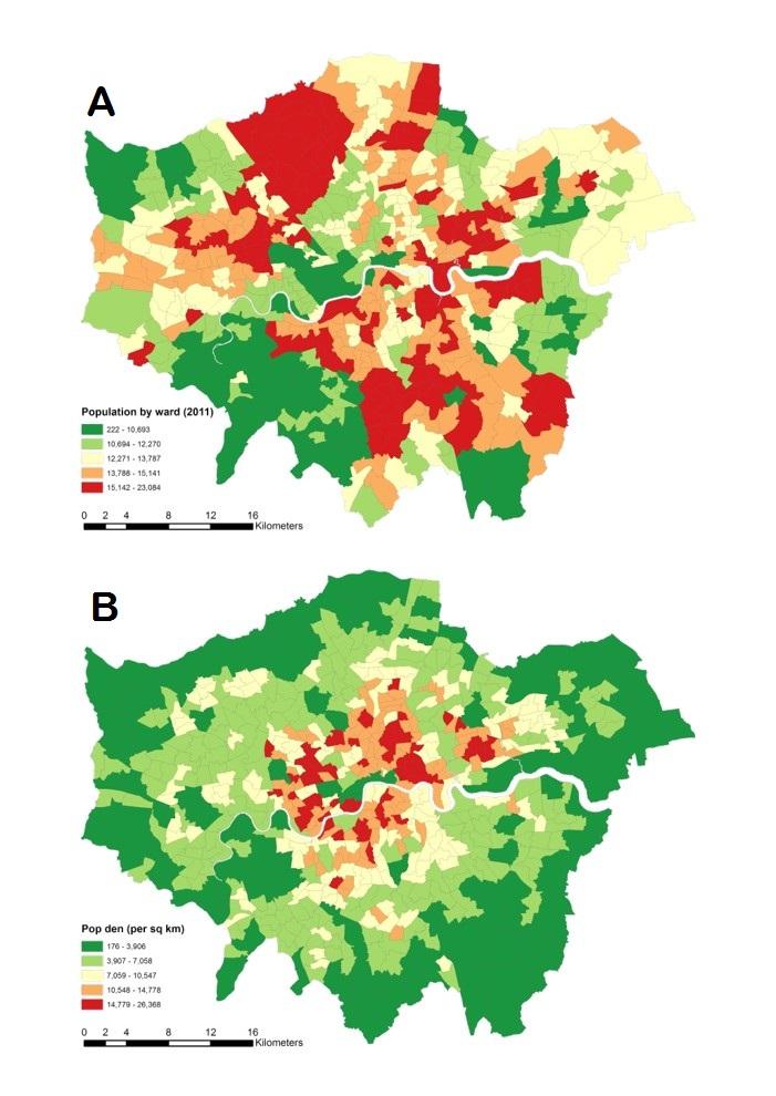 Choropleth Mapping (A) a spatially extensive variable, total population (B) a spatially intensive variable, population density Many cartographers would argue