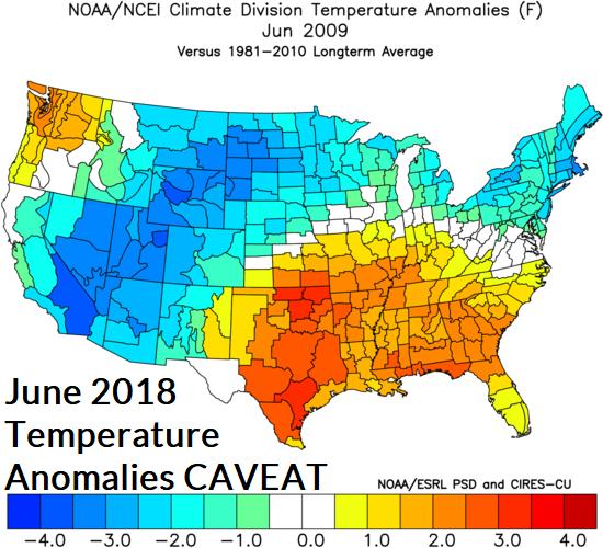 Fig. 9-11: Climate Impact Company constructed analog forecast for temperature and precipitation anomalies for June 2018 is indicated. The warm extreme caveat forecast for the Southeast is added. 3.