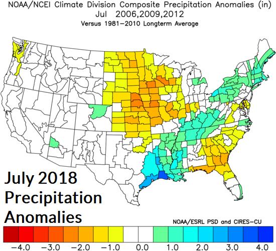 Fig. 12-14: Climate Impact Company constructed analog forecast for temperature and precipitation anomalies for July 2018 is indicated.