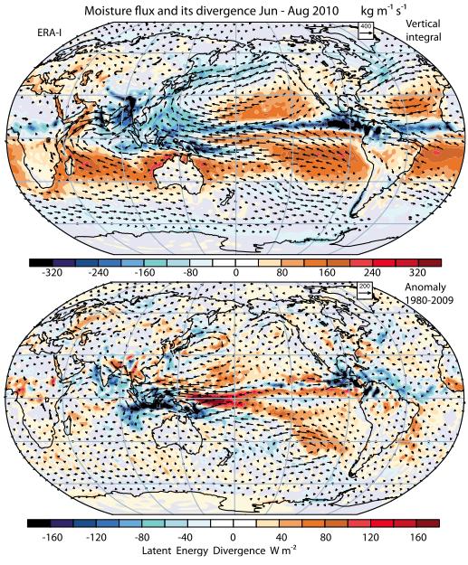 Trenberth 2012 Figure 8 The vertically integrated moisture fluxes reveal the low level flow and hence the regions where SSTs are especially important, such as the Arabian Sea.