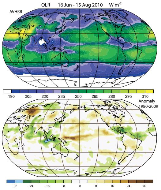 Trenberth 2012 Figure 6 OLR anomalies show a strong La Niña signature with very high OLR, signaling low cloud tops and less deep convection and precipitation in the tropical Pacific east of 135E, but