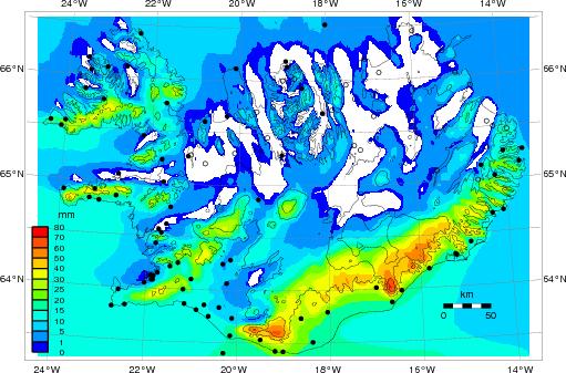 Figure 1. Simulated daily precipitation on 27 March 1994, when the main wind direction in Iceland was from the SE.