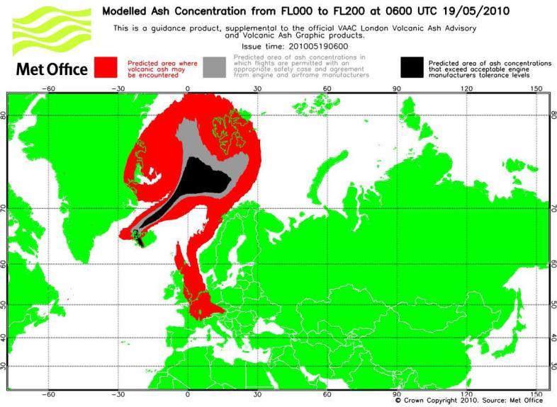 London VAAC Process UK Weather Service (MET Office) produces ash cloud prediction for Iceland s volcanic activity Model based on volcanic activity, weather conditions, visible and infrared satellite