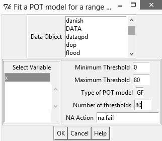 Pre spomínané grafické overenie stability parametrov, je ntné na karte Plot zvoliť Fit POT models to range of thresholds, obr.