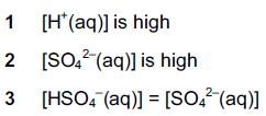 Q21 Concentrated sulfuric acid behaves as a strong acid when it reacts with water. The HSO4 ion formed behaves as a weak acid. Which statements are true for 1.0 mol dm 3 sulfuric acid?