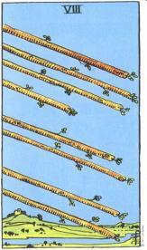 Example - Hod 8 of Wands: Swiftness Shows eight flying staffs angled towards the ground, representing swiftness and coming in for a landing in the
