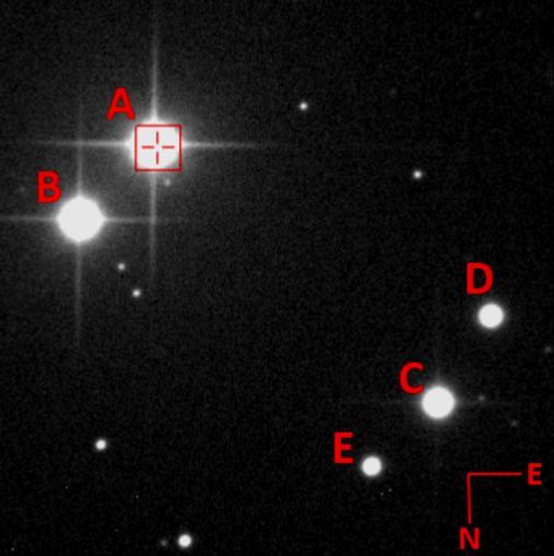 Figure 2: WDS 04155+0611 with the A component marked by a square in Mira Pro x64. The camera s orientation relative to celestial north is indicated at the lower right.