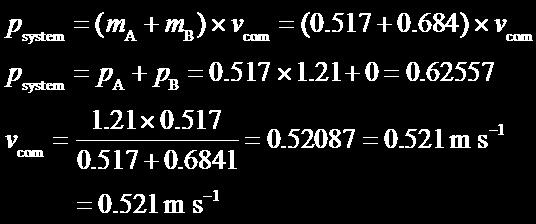 04(3) P = mv = 0.6557 evidence of correct number calculated e.g. p = mv mv + mv = (m + m)vcom pcom or TOTAL = pa + pb AND Substitution into equation to find correct answer.