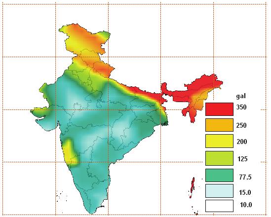 Fig. Seismic Hazard Map of India with Return Period of 475 years i.e. 10% probability in 50 years. The value of PGA is expressed in terms of gal.