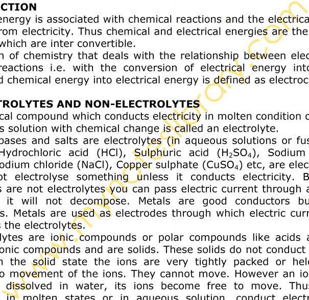 Chapter # 8 ELECTROCHEMISTRY You will learn in this chapter about: Electrolytes and non-electrolytes. Electrolysis. Electrolysis of molten NaCl. Electrolysis of water. Faraday's laws of electrolysis.