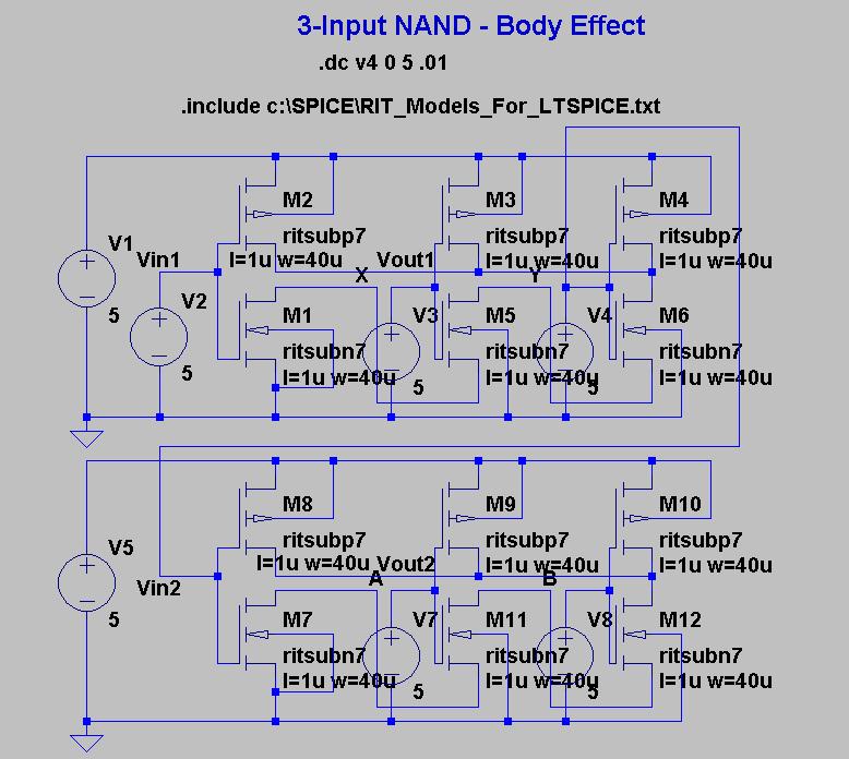 3-INPUT NAND Vout2 Vout1 +V VA M2 M3 M1 VOUT VB VC Vout1 has M2 and M3 NMOS on and M1 NMOS switching Vout2 has M1