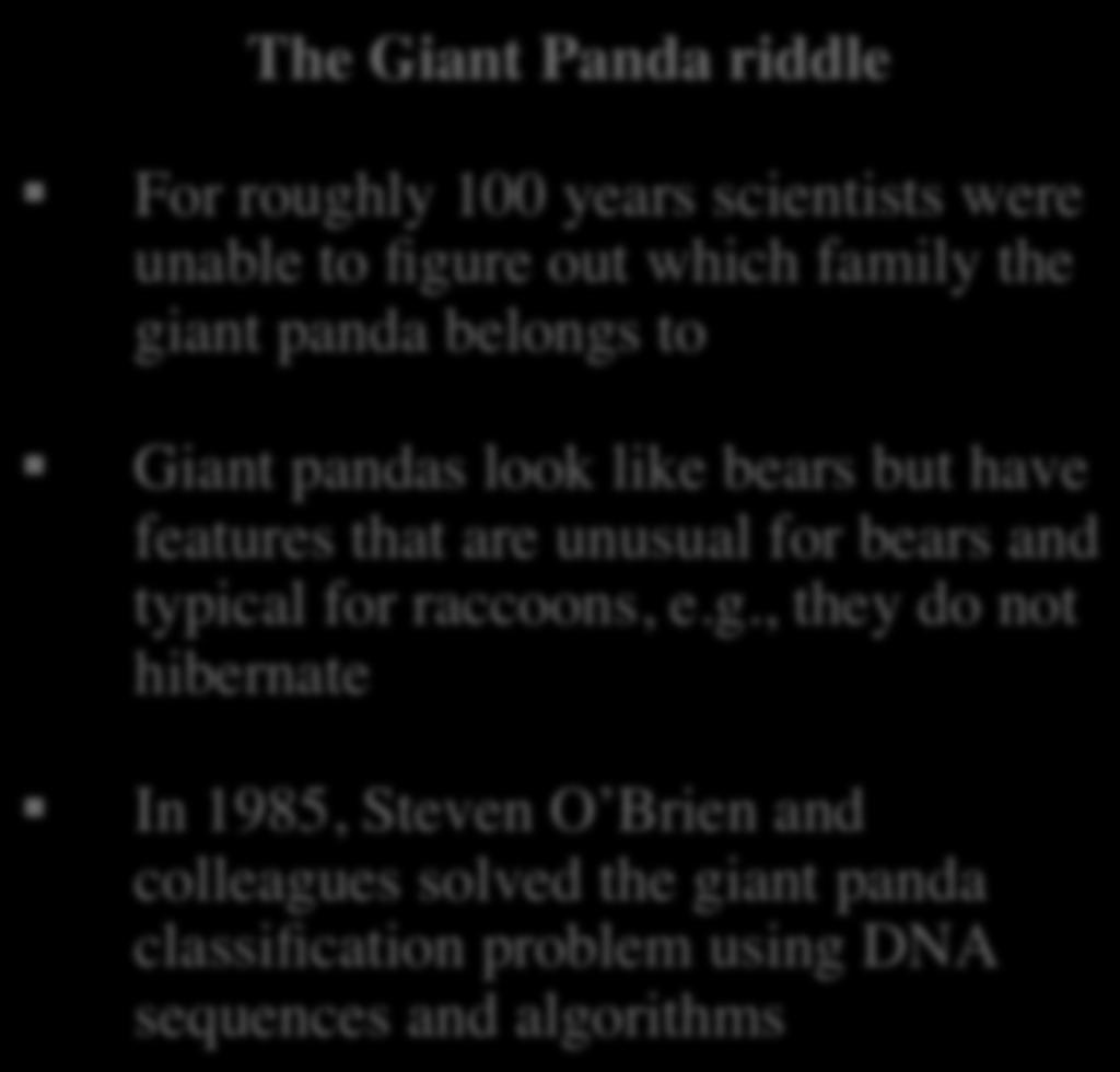 Early evolutionary studies Anatomical features were the dominant criteria used to derive evolutionary relationships between species since Darwin till early 1960s The Giant Panda riddle The