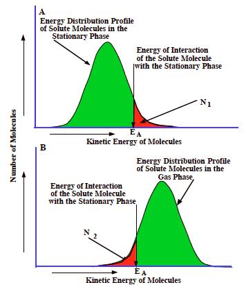 Distribution of K.E. between both the phases Solute molecules leave the stationary phase when their K.E. is equal or greater than the P.E. of their interaction with the stationary phase No.