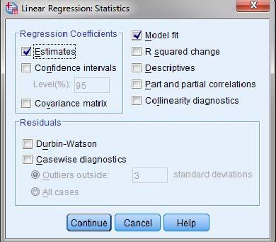 First click the Statistics button. This opens the Linear Regression: Statistics dialog box. Notice that Estimates and Model Fit are the default options.