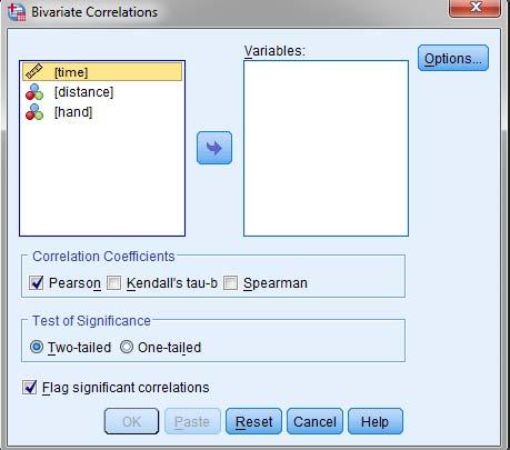 Also make sure that the Pearson box is checked (Pearson coefficient is a common measure of the correlation between two