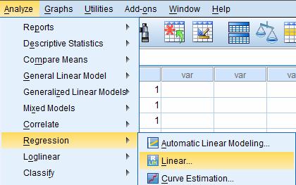 This opens the Linear Regression dialog box displayed below. Select and move the variable time into the Dependent box, and distance variable into the Independent(s) box.