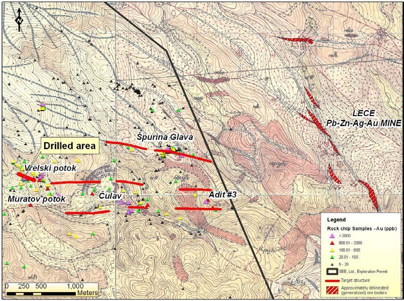 Lece Epithermal Gold-Silver Potential Adjacent Lece Mine closed in 2001, residual reserves of >360,000oz Au. Vrelski Potok hole VP-01 intercepted 9.2m at 2.11g/t Au and 19g/t Ag, including 3.9m at 4.
