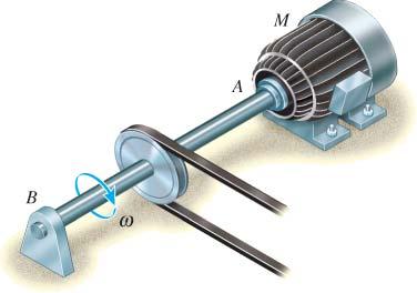 EXAMPLE 5.5 Solid steel shaft shown used to transmit 3750 W from attached motor M. Shaft rotates at ω = 175 rpm and the steel τ allow = 100 MPa. Determine required diameter of shaft to nearest mm.