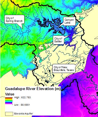 It is apparent that water from above Canyon Lake drains into Canyon Lake at the bottom of the Upper Guadalupe watershed. Below Canyon Lake, elevations decrease down toward New Braunfels.