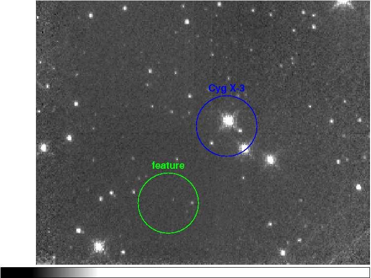 Figure 3: Left: A HST/NICMOS observation of the Cygnus X-3 region taken at 1.76 microns. Cygnus X-3 and the location of the feature are labeled. No obvious counterpart is seen.
