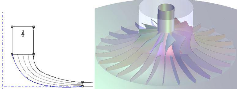 266 Fluid Structure Interaction VII Figure 3: Impeller CCD5, with 20 percent axial length. Axial section on the left, 3D view on the right.