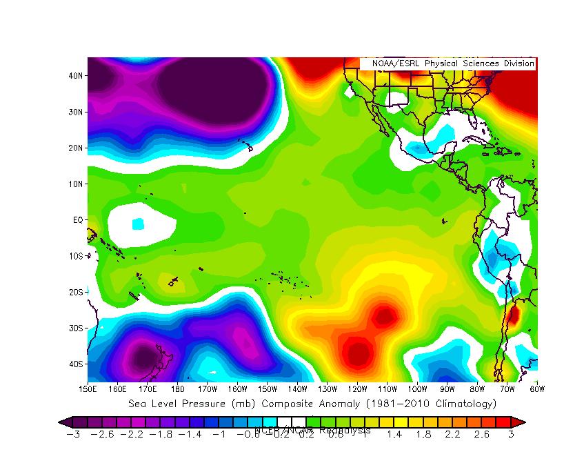 Figure 12: April-May sea level pressure anomalies across the eastern and central Pacific. In general, anomalies have been above average across most of the tropical Pacific.