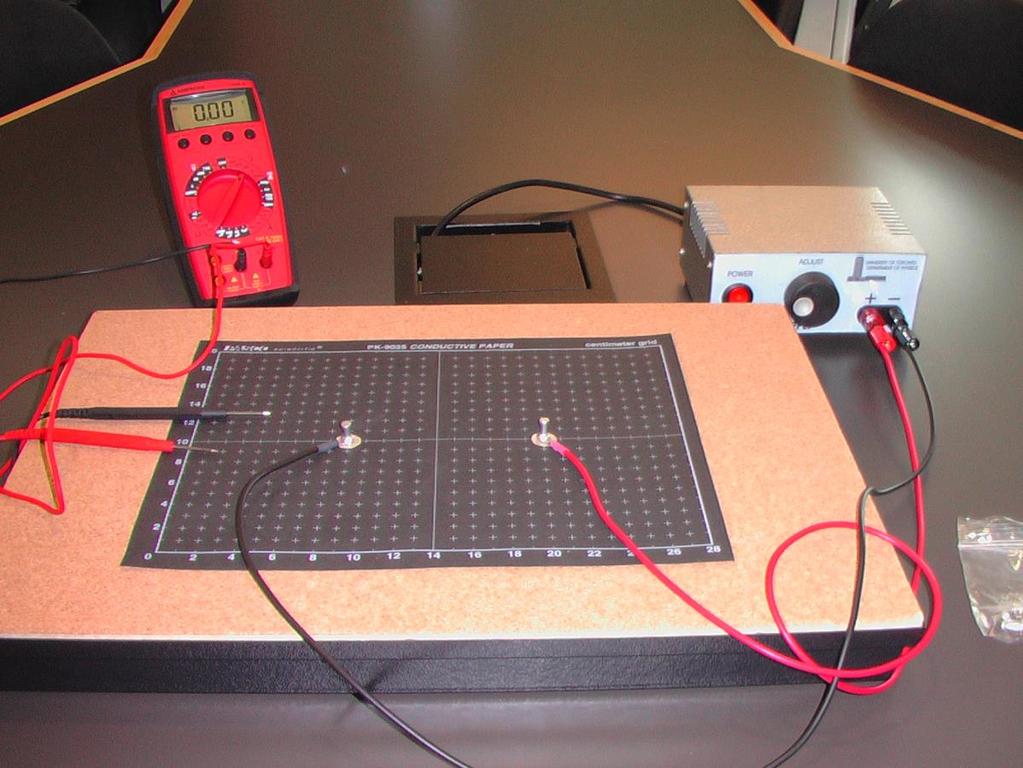 9. When measuring potential of a point on the conductive sheet using the multimeter, bring and hold the black probe in contact with the push pin connected to the negative (-) jack of the power