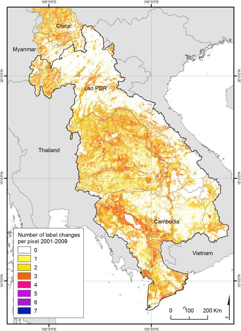 MODIS Land Cover Dynamics Stable Pixels 2001-2009 Stable Changes Land Cover Type Pixels [%] per pixel Evergreen Broadleaf forest 80% 0,4 Grasslands 63% 0,8 Woody savannas 38% 1,3 Cropland/Natural