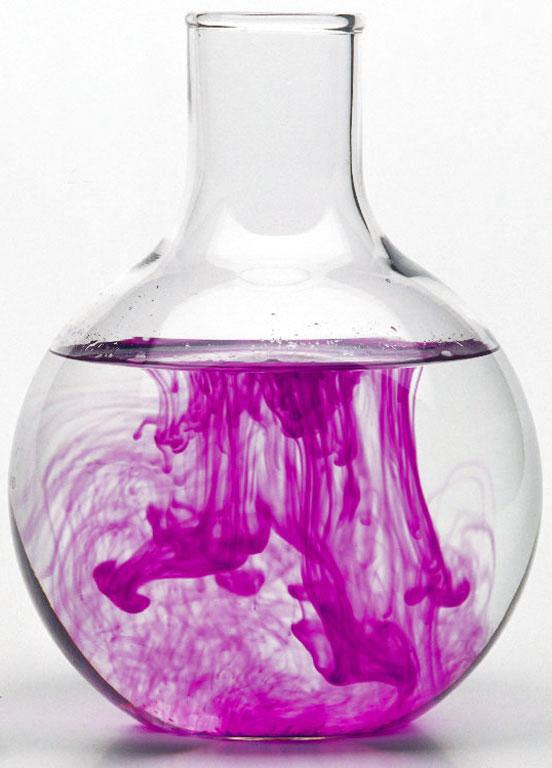 Here the solute is the liquid purple dye and the solvent is water.